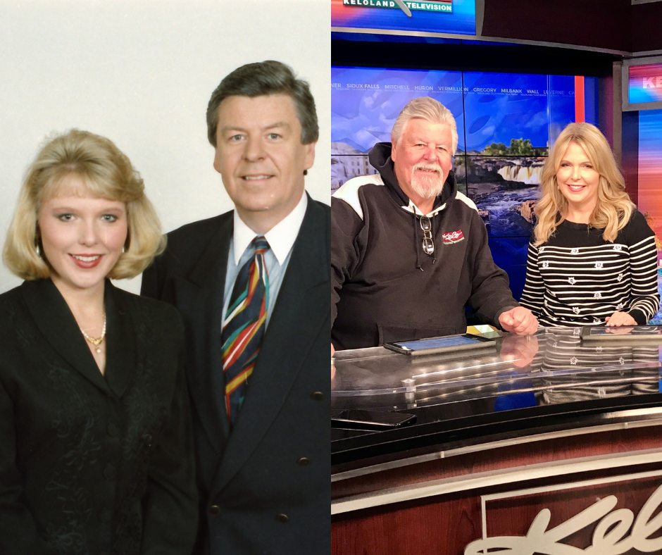 Two pictures side by side of Angela Kennecke and Doug Lund. The left picture is of them when they anchored together in the early 90's and the right photo is of them sitting at the KELOLAND news desk recently.