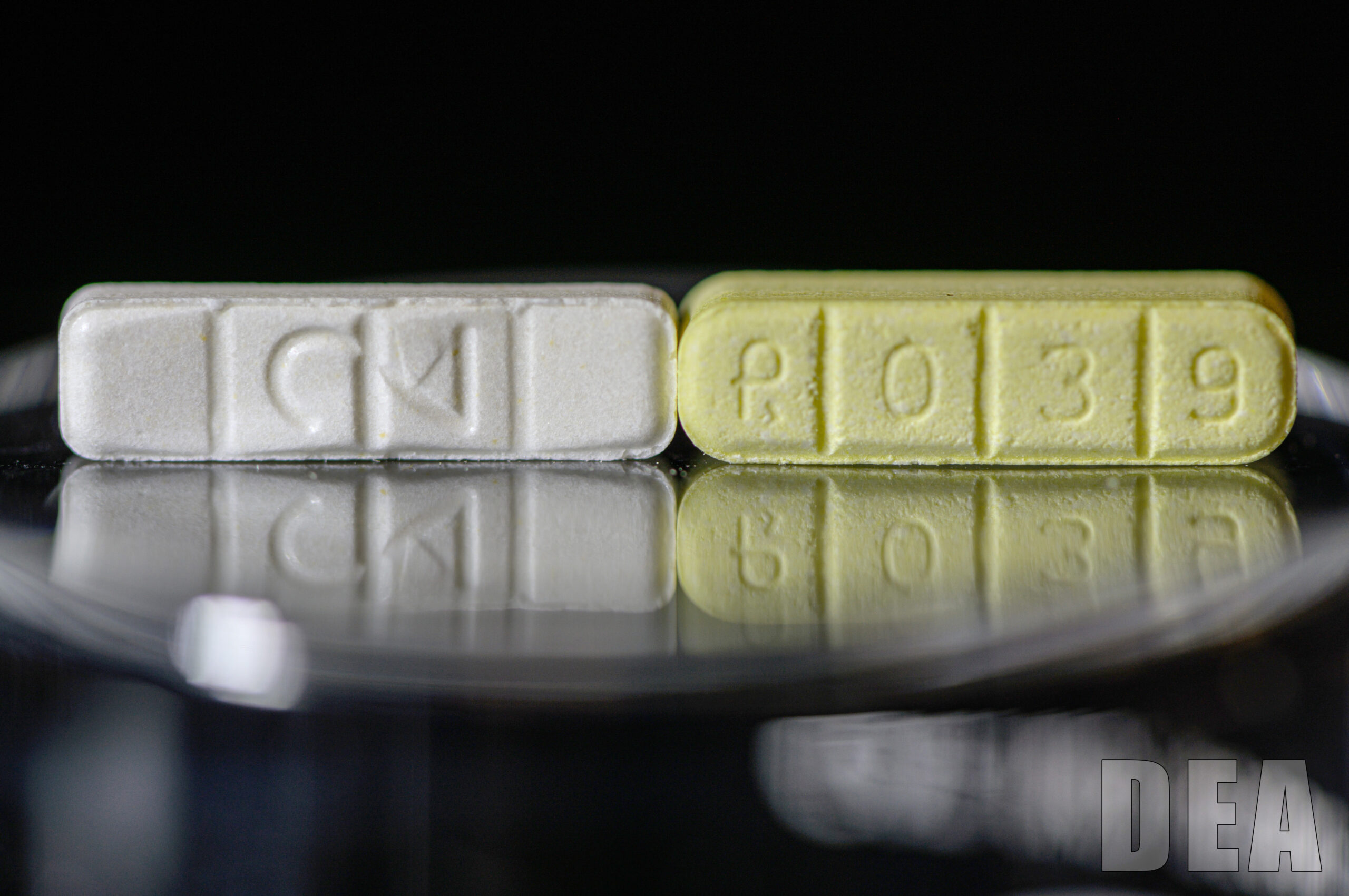 Picture of authentic Xanax, left, & counterfeit Xanax, right show that One Pill Can Kill